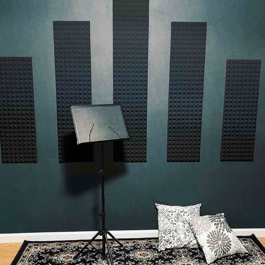 Recording studio featuring a music stand and rug in front of a dark slate wall with acoustic panels.