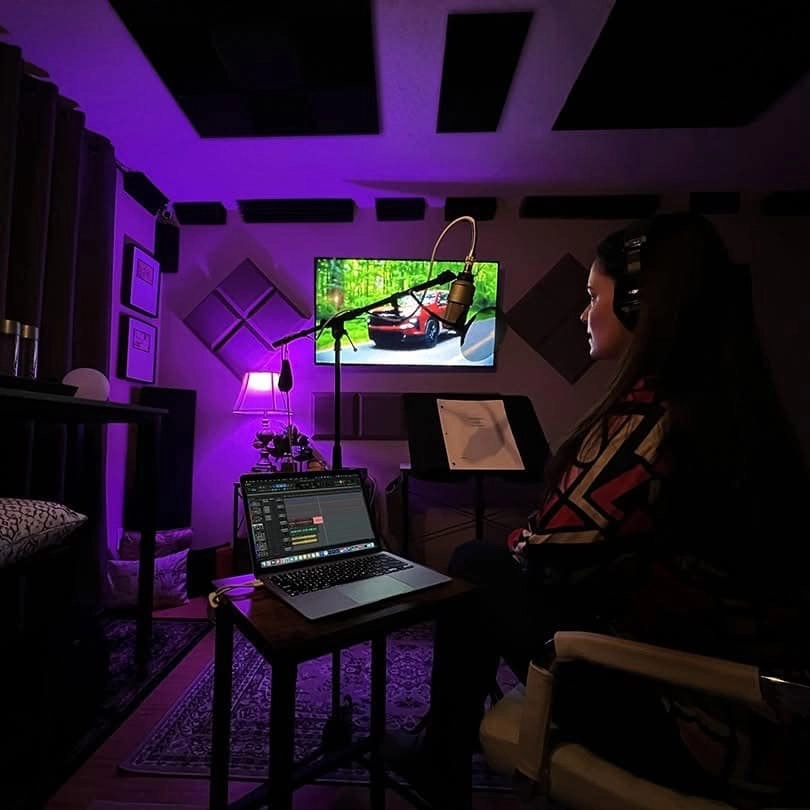 Catherine Provenza professional voiceover recording studio with purple ambient lighting