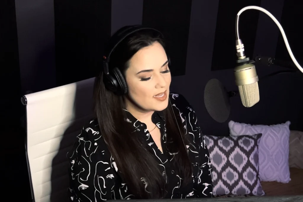 Catherine Provenza professional female voiceover artist recording video narration in broadcast-quality studio