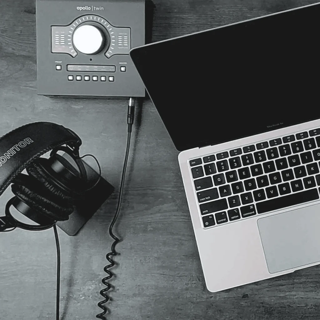 Recording desk inside Catherine Provenza’s professional broadcast-quality voiceover studio