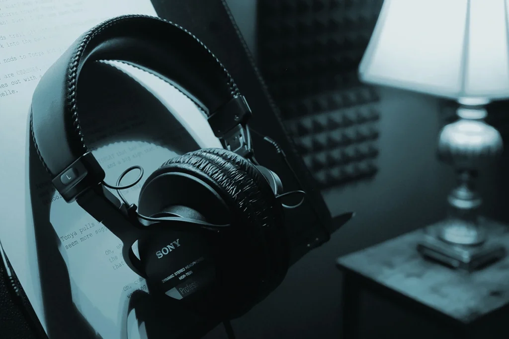 Studio headphones in Catherine Provenza’s professional teal-lit voiceover recording studio